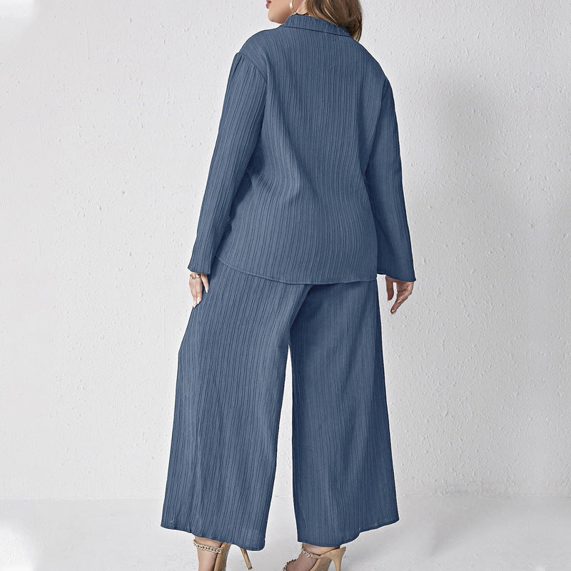 Pleated Casual Loose Shirt High Waist Trousers Two Piece Set